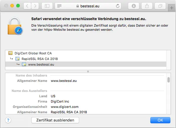 Darstellung des Zertifikats FreeSSL im Browser Darstellung des Zertifikats FreeSSL im Browser
