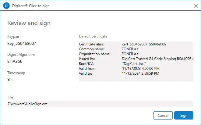 Überprüfung vor der Unterschrift in DigiCert Click-to-sign