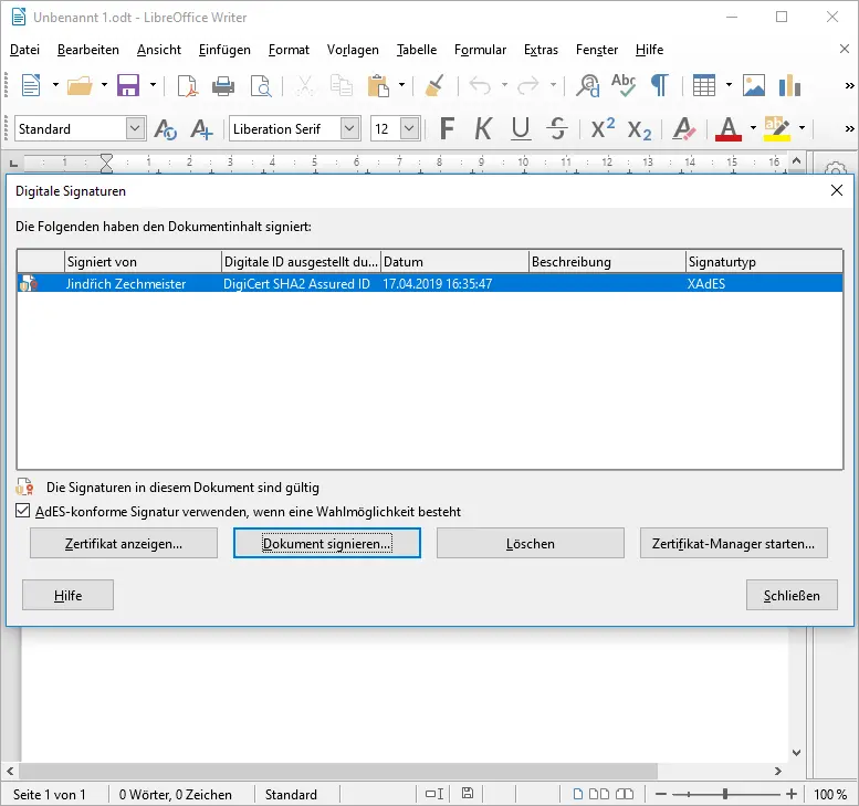 Signieren in Open/LibreOffice