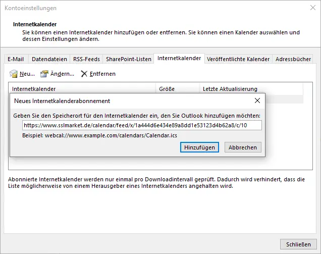 Abonnement des Kalenders im Outlook