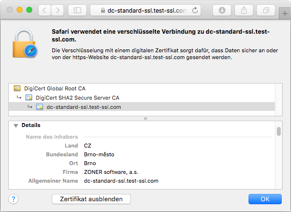 Darstellung des Zertifikats DigiCert Standard SSL in der Adresszeile des Browsers