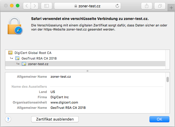 Darstellung des Zertifikats GeoTrust Wildcard DV im Browser