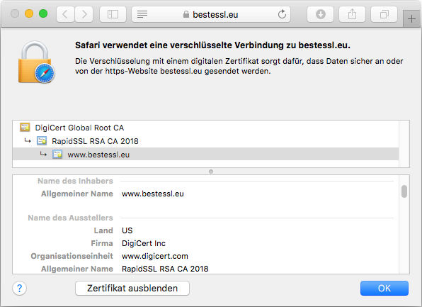 Darstellung des Zertifikats TrialSSL im Browser