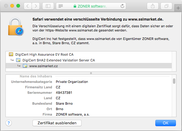 Darstellung des Zertifikats Symantec Secure Site EV im Browser