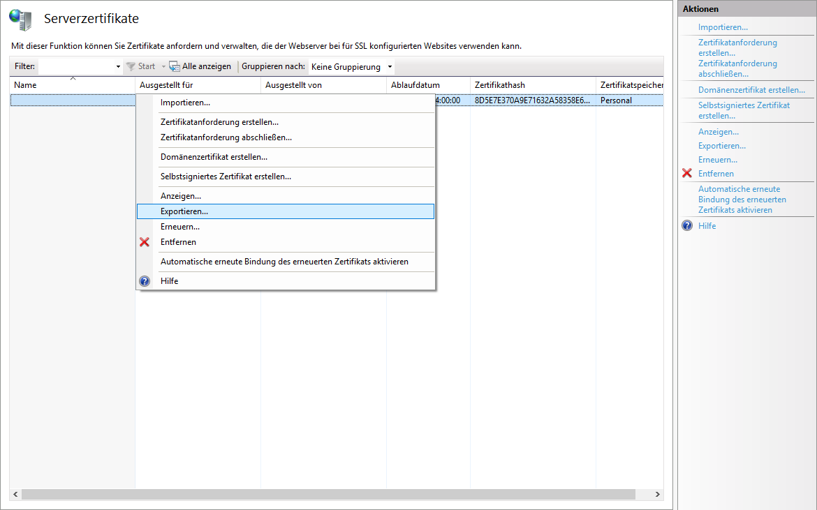 Exportieren des SSL-Zertifikats aus IIS