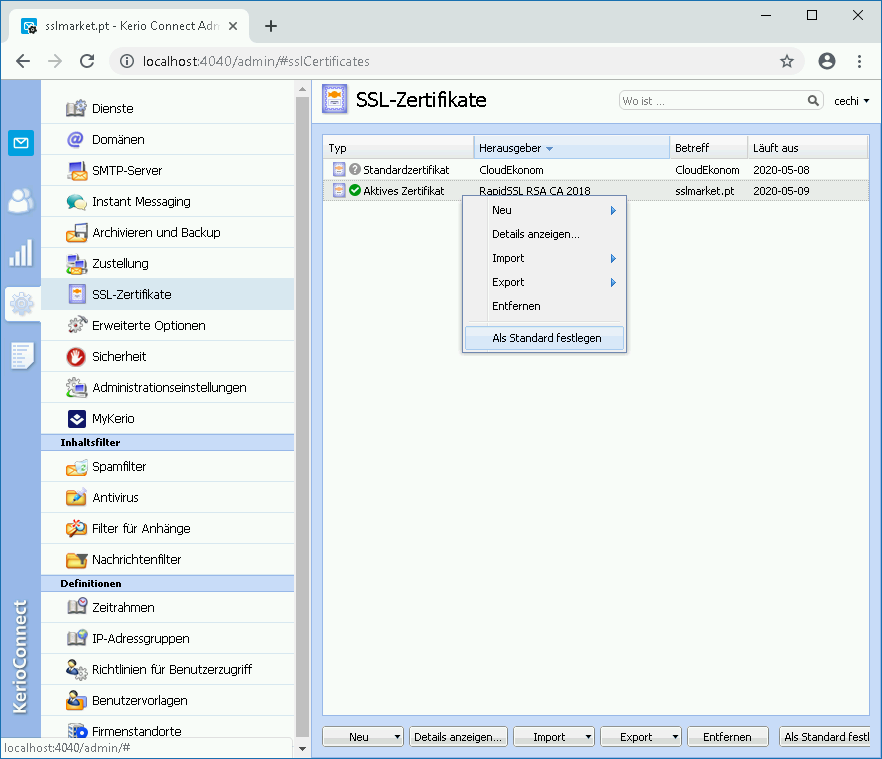 Kerio Connect – Einstellung des Standard-Zertifikats