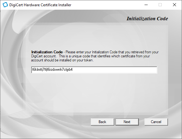 Installation des Zertifikats auf dem Token mit dem DigiCert Hardware Certificate Installer. Den Initialisierungscode finden Sie im Detail der Zertifikatsbestellung